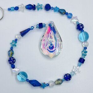 Blue Beaded Suncatcher - Clear Crystal Prism - Hanging Patio Decor Yard Art